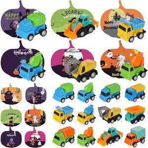 Set of 24 Pull Back Vehicles Halloween Greeting Card Set w/Construction Vehicles